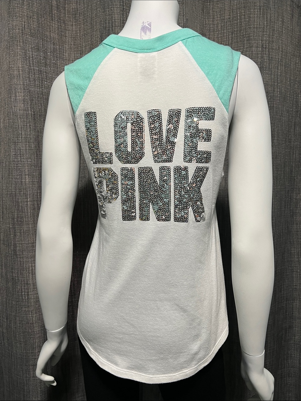 PINK Victoria’s Secret White Mint Green Sequin Back Sleeveless Tee XS